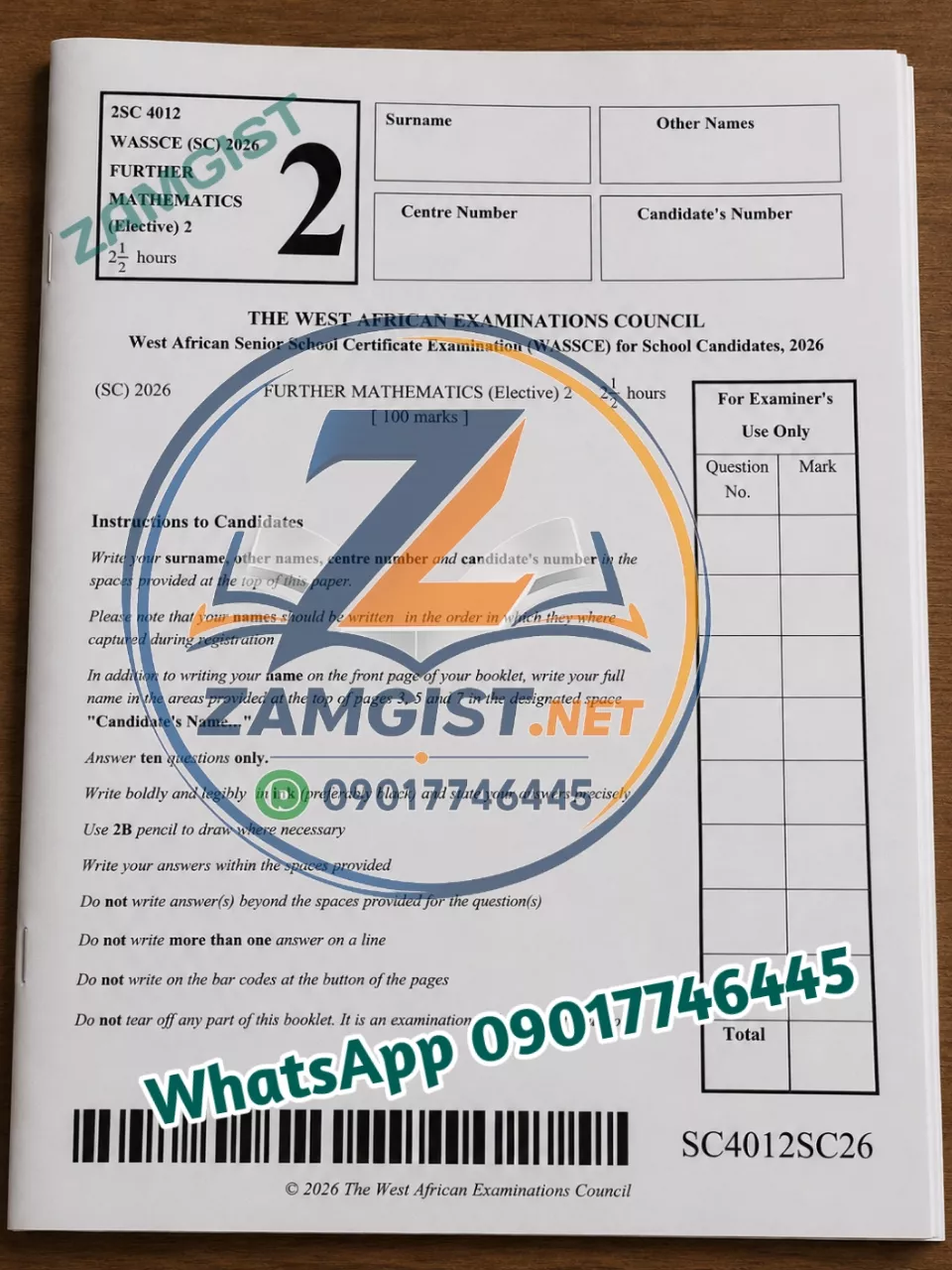 WAEC Further Mathematics Question 2026