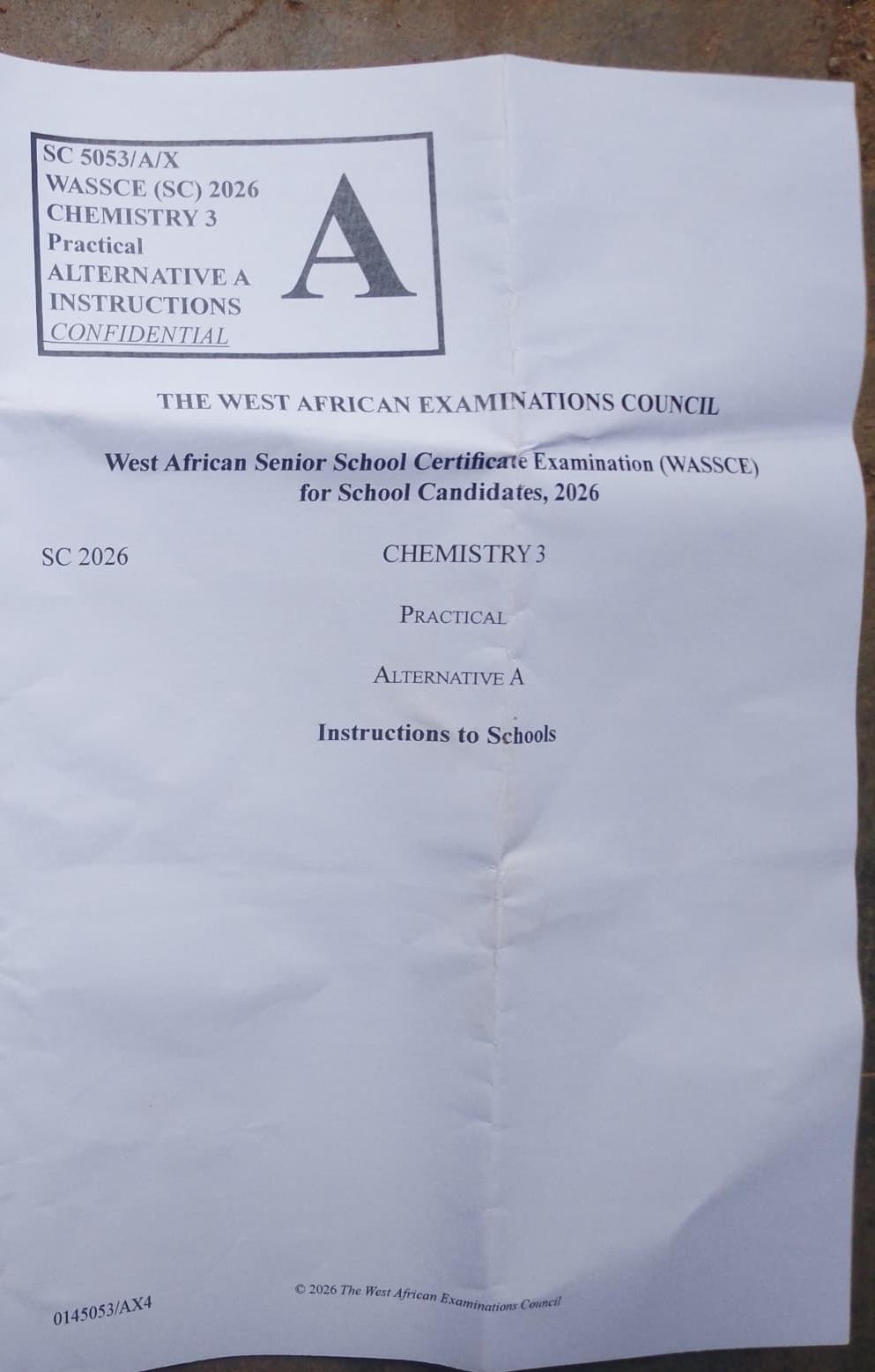 WAEC 2026 Chemistry Practical Specimens