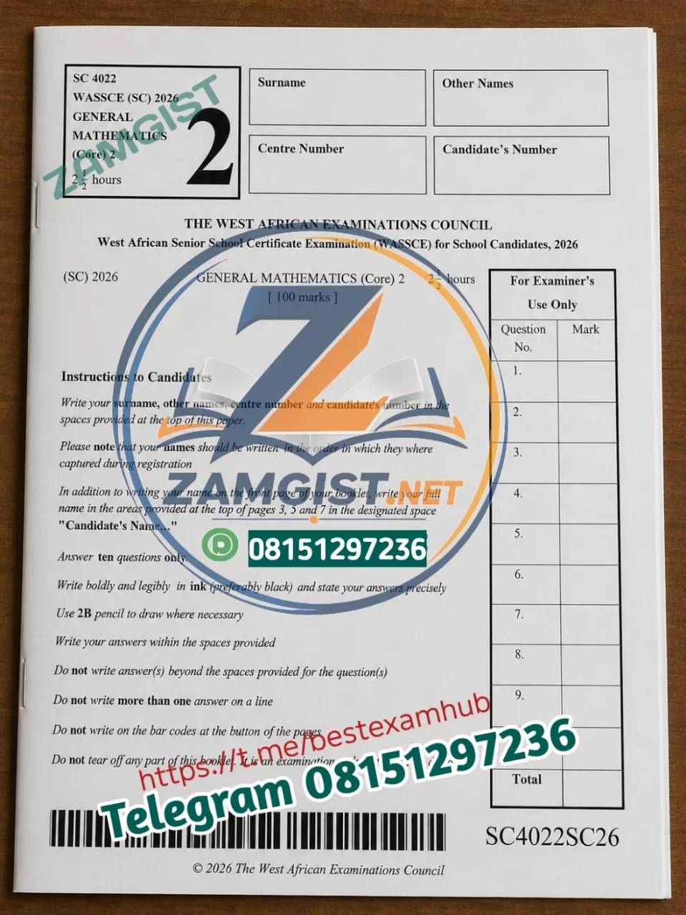 WAEC Mathematics Question 2026