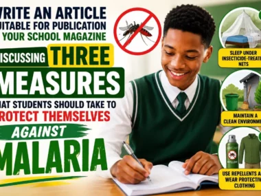 Write an article suitable for publication in your school magazine discussing three measures that students should take to protect themselves against malaria.
