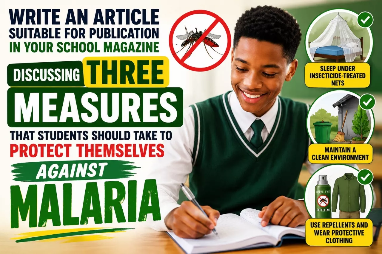 Write an article suitable for publication in your school magazine discussing three measures that students should take to protect themselves against malaria.