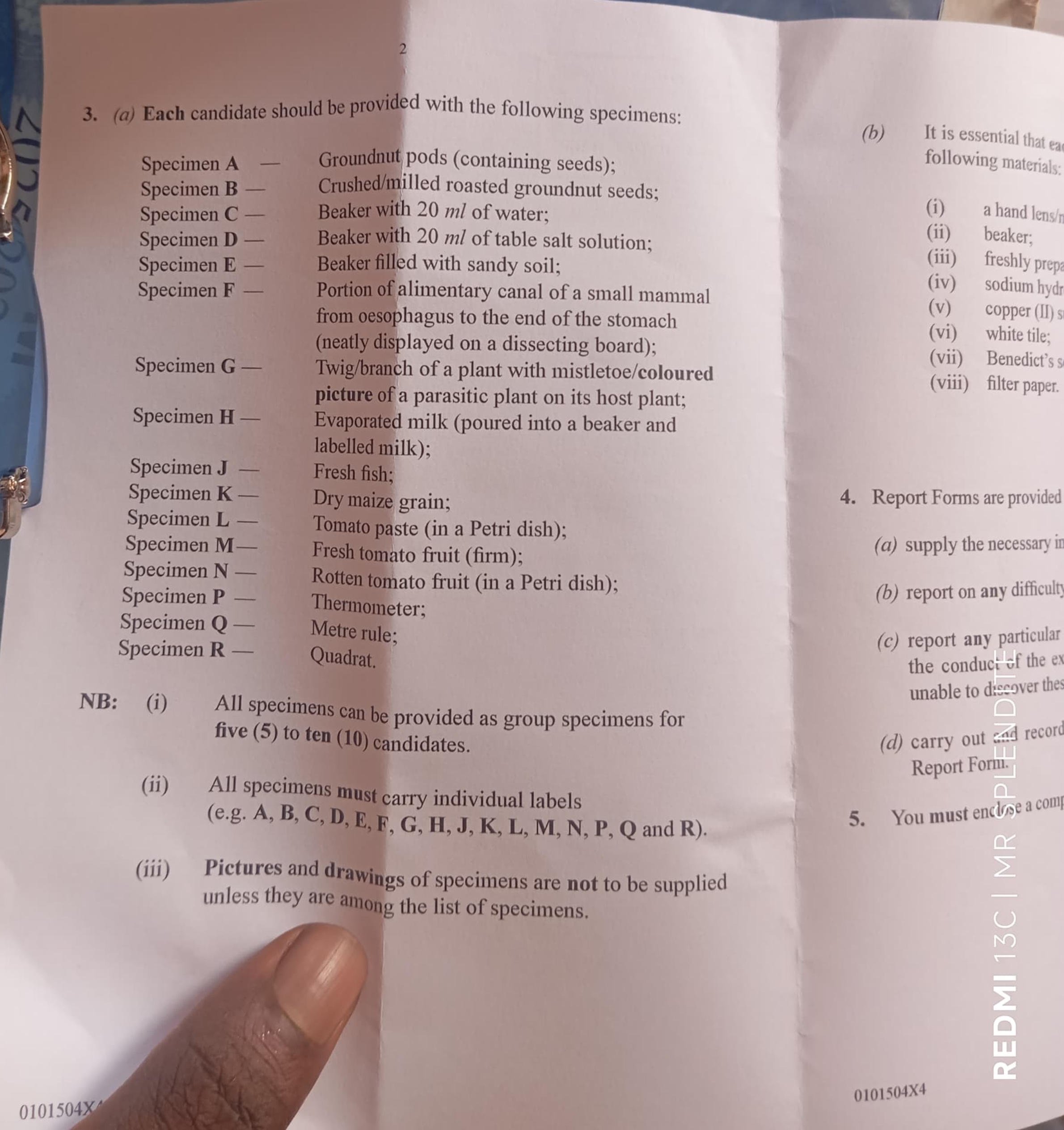 WAEC Biology Practical Specimens 2026