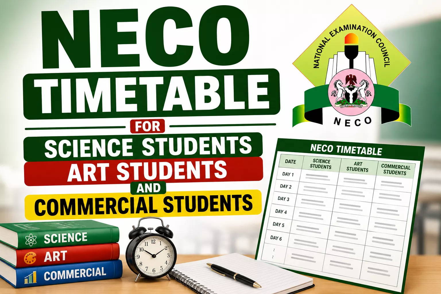 NECO Timetable 2026 for Science, Art and Commercial Students