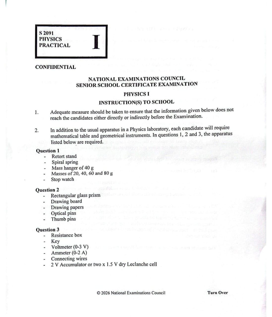 NECO Physics Practical Specimen 2026
