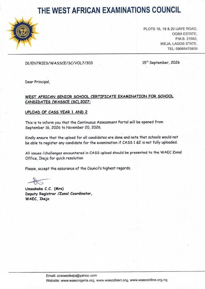 WAEC CASS Upload 2027: Year 1 & 2 Portal Opens, Deadline and Important Notice