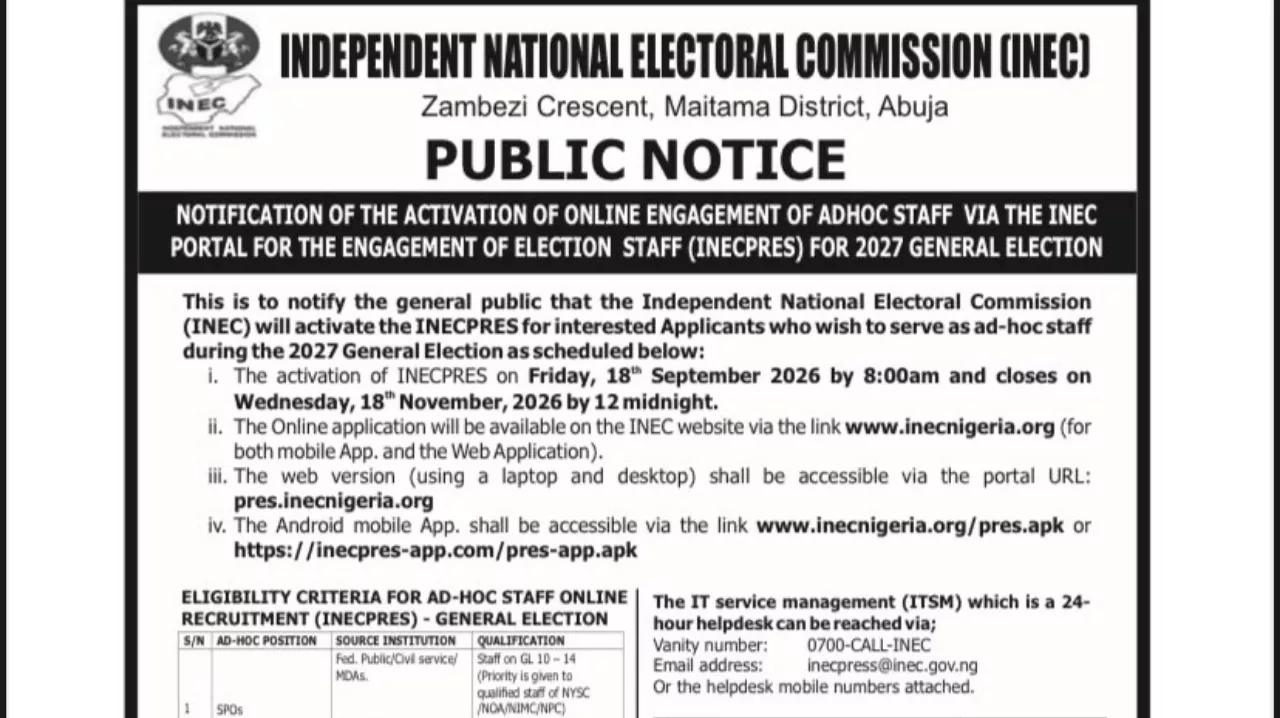 INEC Ad Hoc Staff Recruitment 2027: INECPRES Portal, Eligibility and How to Apply